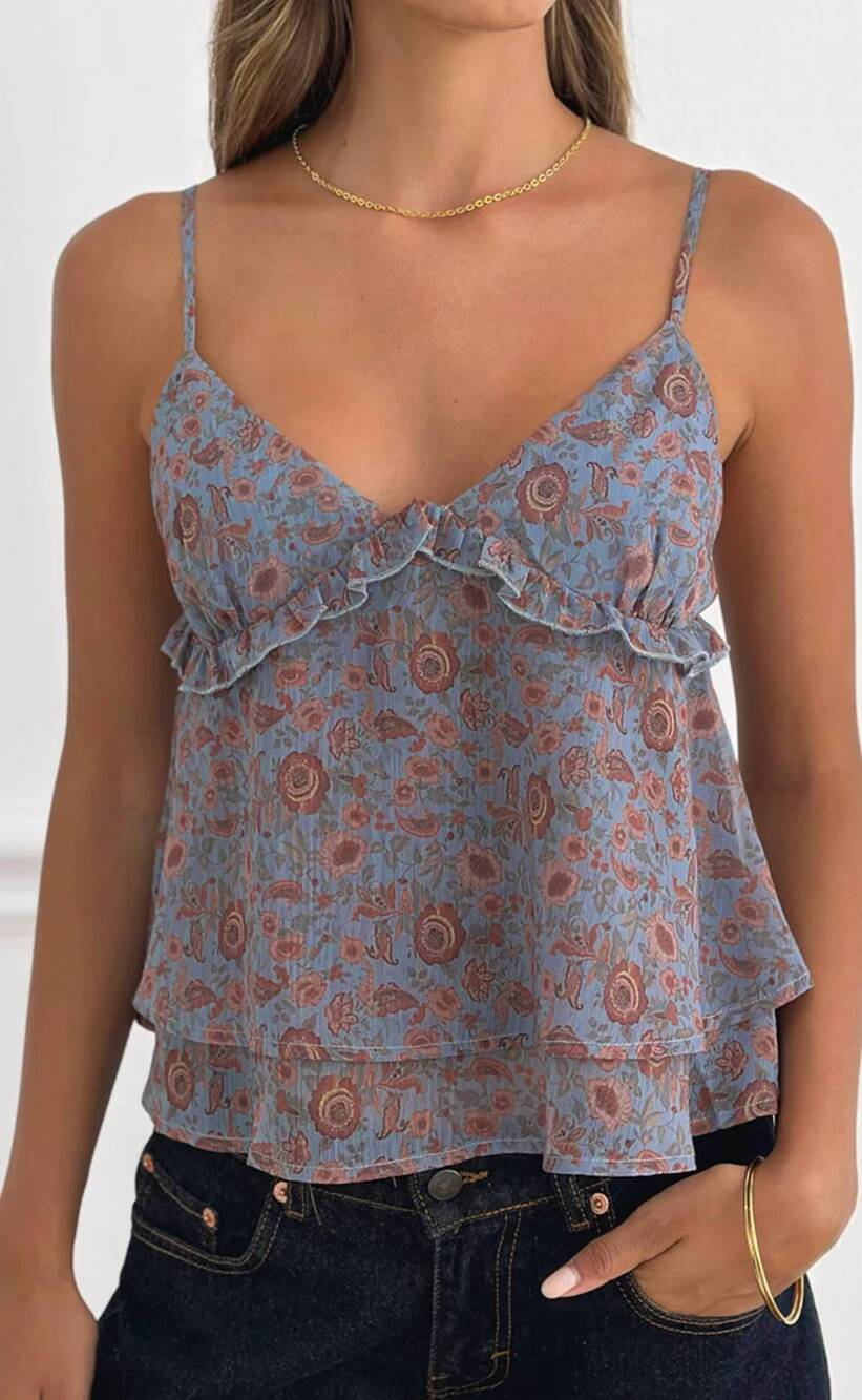 NEW MOTEL ROCKS women's millar frill top in shadow blossom blue